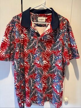 Goodfellow & Co Red Navy White Leaf-Print Polo XXL